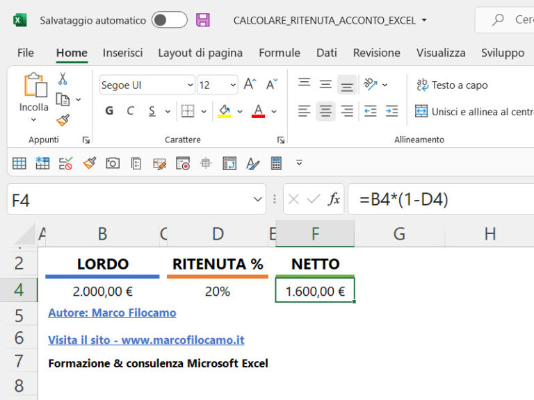 Calcolo Ritenuta D Acconto Excel Excel Per Professionisti