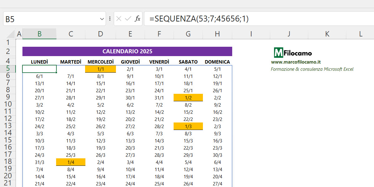 COME_CREARE_CALENDARIO_EXCEL_2025_MICROSOFT_EXCEL_MARCOFILOCAMO_FUNZIONE_SEQUENZA